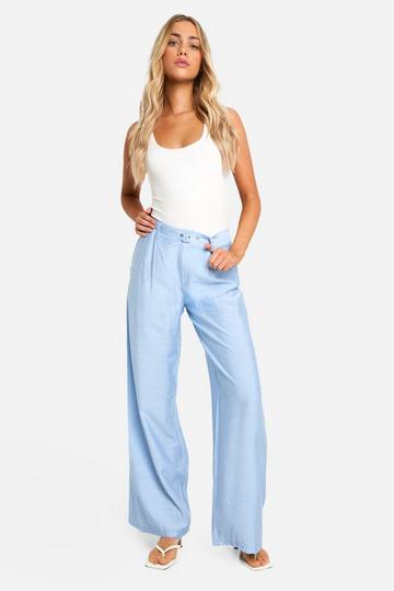 Belted Linen Look Straight Leg Trouser pale blue