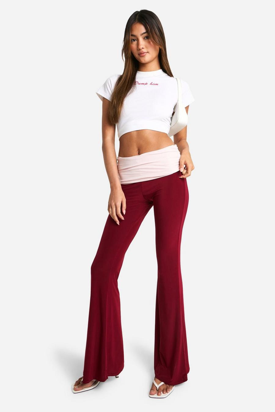 Pantalón de campana de yoga y tela jersey con cintura en contraste, Burgundy image number 1