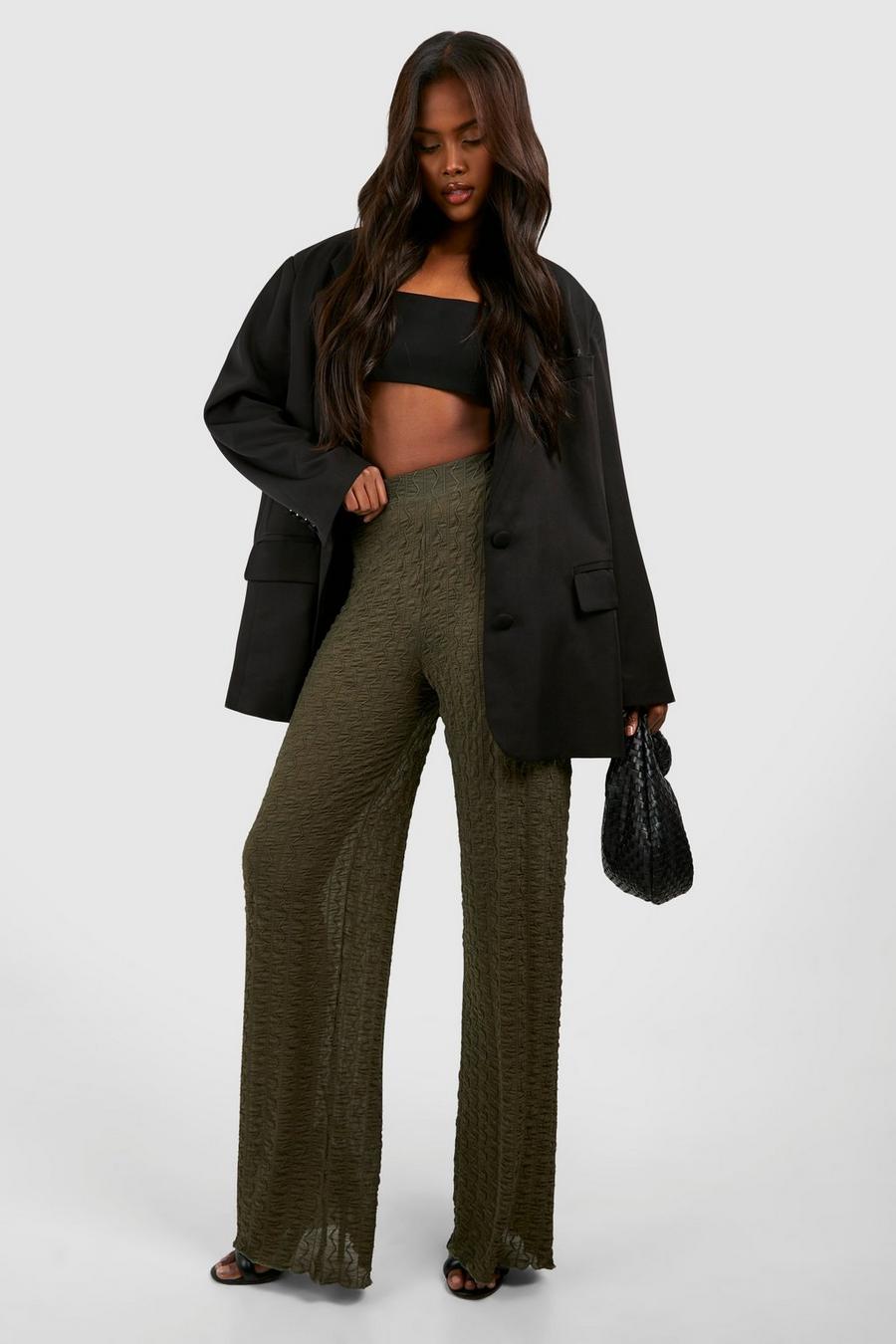 Khaki Textured Semi Sheer Straight Leg Trouser  image number 1