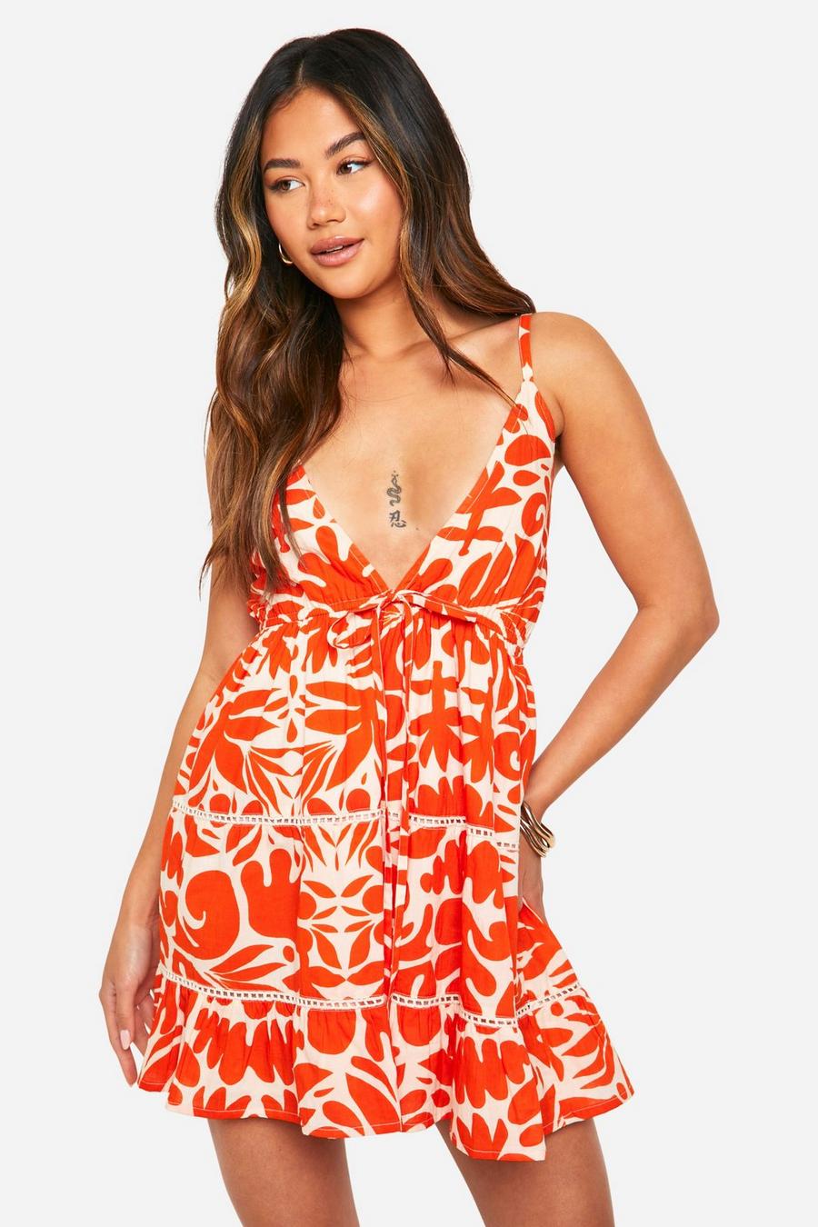 Vestido mini de algodón con estampado abstracto y ribete de croché, Orange image number 1