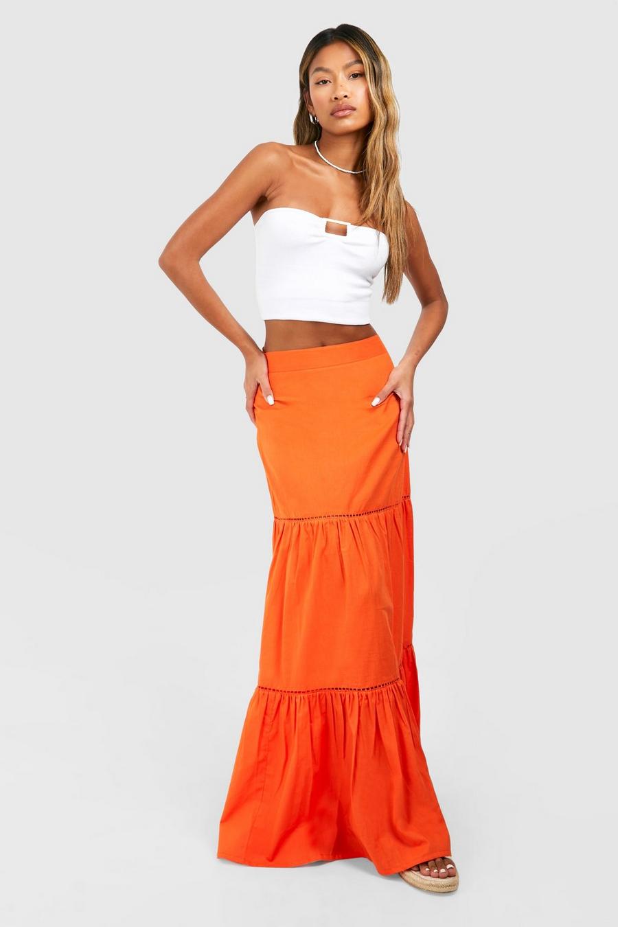 Orange Cotton Crochet Trim Maxi Skirt  