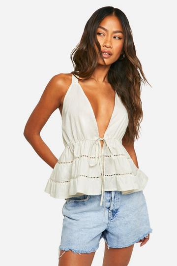 Cotton Crochet Trim Strappy Cami stone