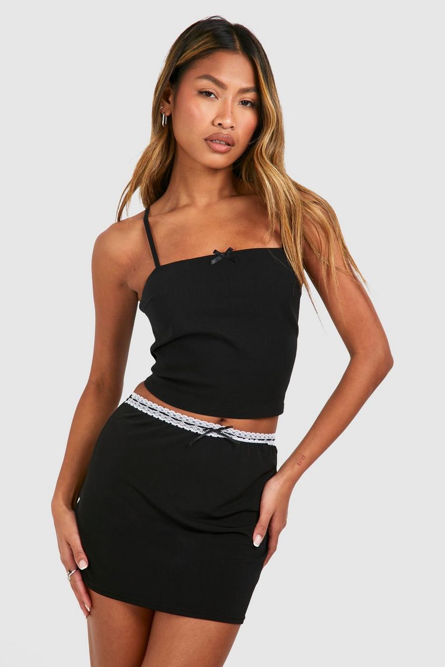 Black Lace Bow Waist Detal Jersey Knit Mini Skirt