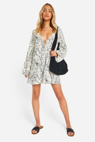 Palm Printed Cotton Ring Detail Mini Dress black