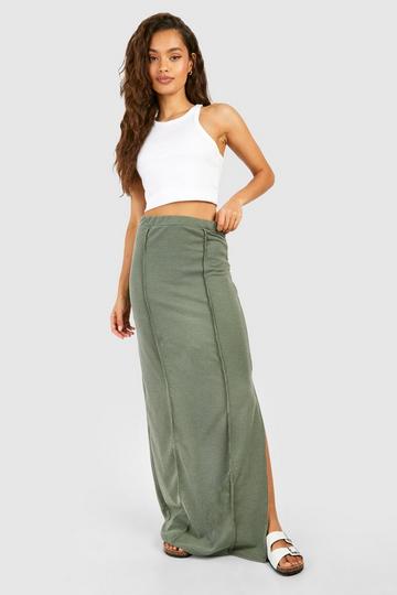 Khaki Washed Seam Detail Jersey Maxi Skirt