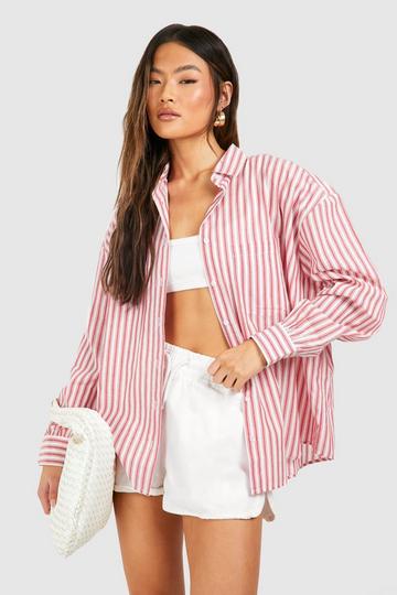 Red Oversized Pocket Detail Striped Shirt