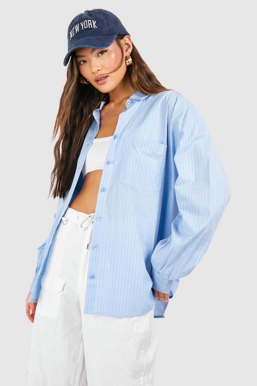 Blue Oversized Pocket Detail Fine Stripe Shirt 