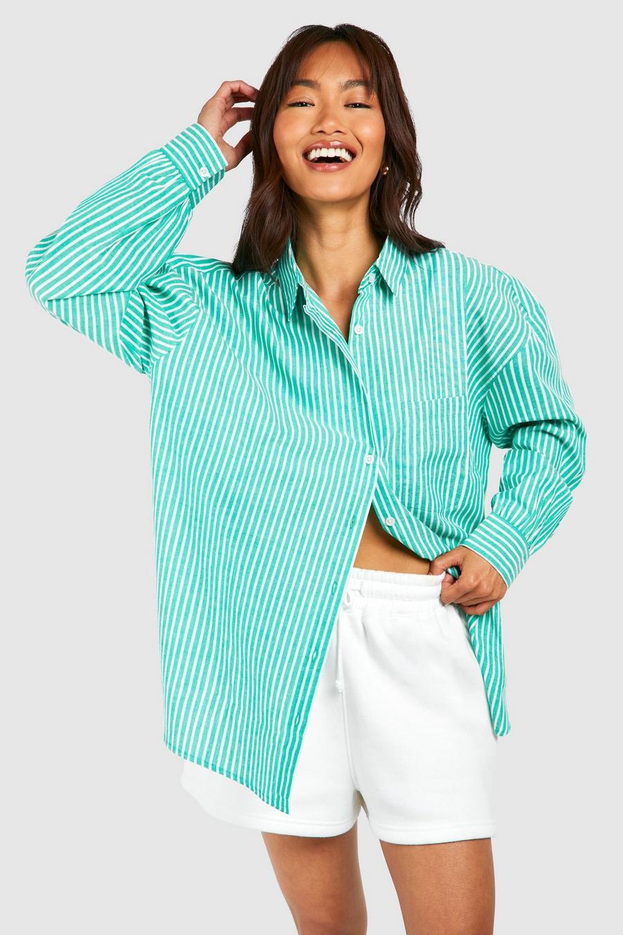Camisa oversize de rayas finas con bolsillos, Green