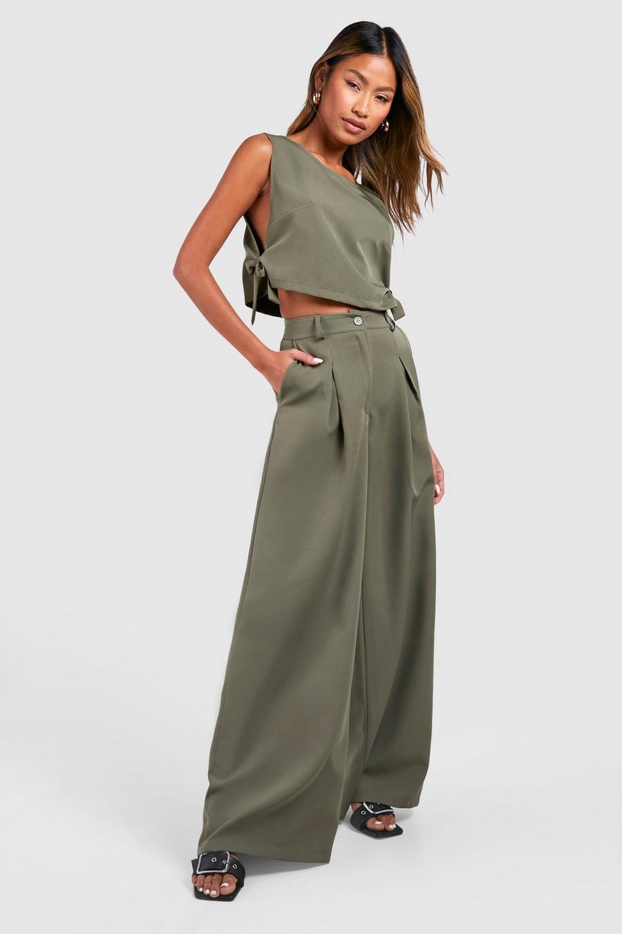 Khaki Tie Side Tailored Crop Top image number 1