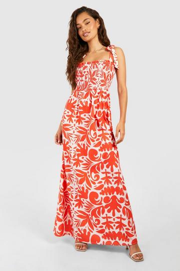 Abstract Printed Shirred Maxi Dress multi