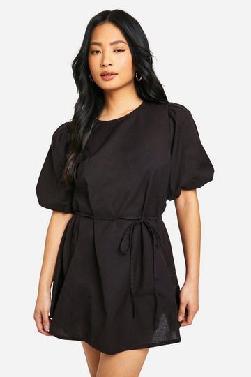 Petite Puff Sleeve Tie Waist Linen Look Smock Dress black