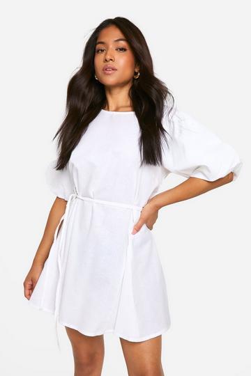 White Petite Puff Sleeve Tie Waist Linen Look Smock Dress