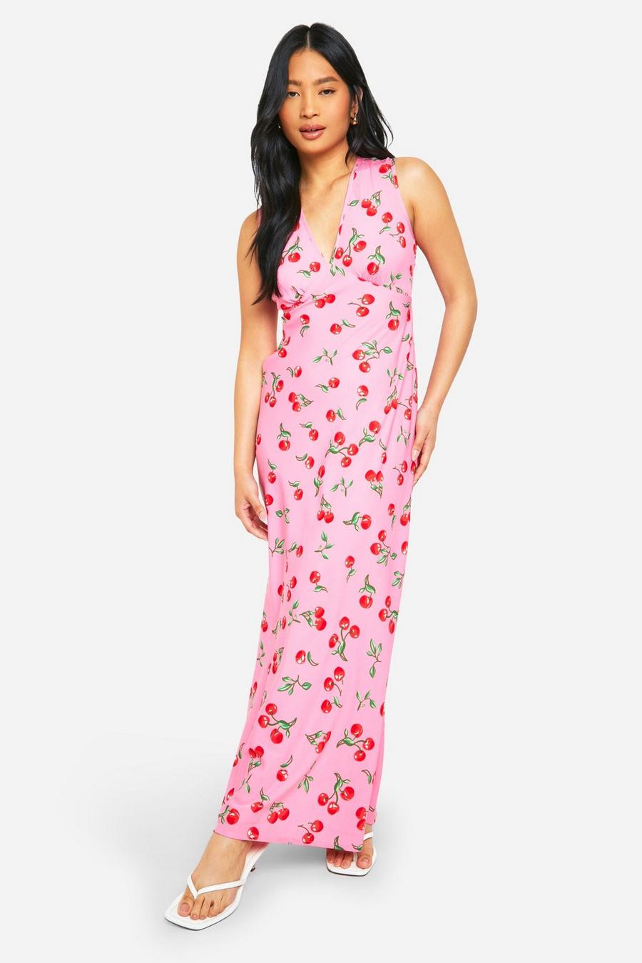 Pink Petite V Neck Cherry Print Maxi Slip Dress