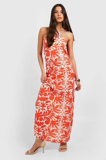 Orange Printed Square Neck Maxi Dress