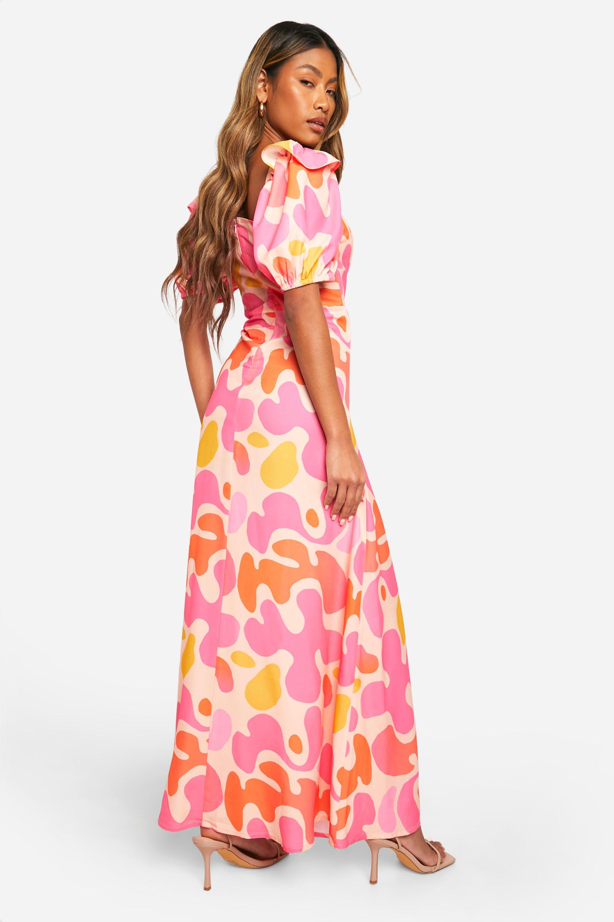 Printed Puff Sleeve Maxi Dress