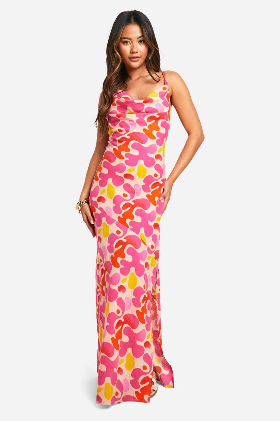 Pink Abstract Cotton Cowl Neck Maxi Dress