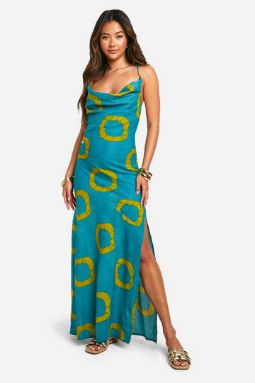 Blue Tie Dye Cotton Cowl Neck Maxi Dress