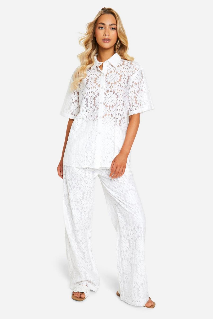 White Broderie Lace Wide Leg Pants image number 1