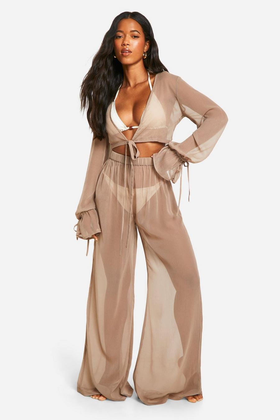 Taupe Tie Crop Top And Beach Trouser 
