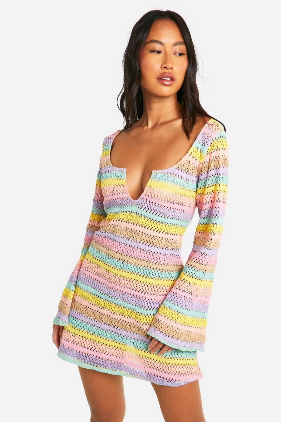 Multi Rainbow Stripe Crochet Beach Dress image number 1