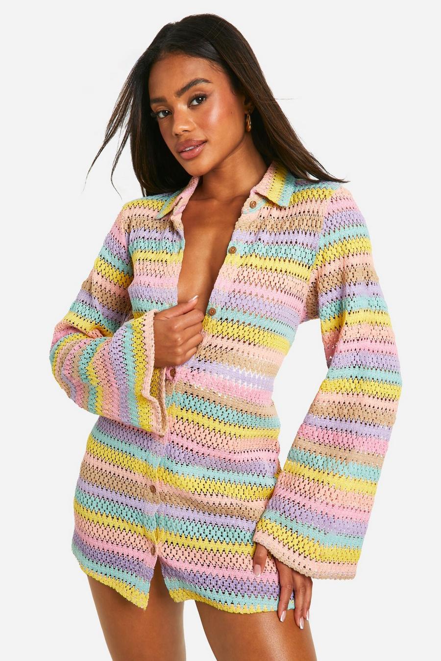 Multi Rainbow Stripe Crochet Beach Shirt image number 1