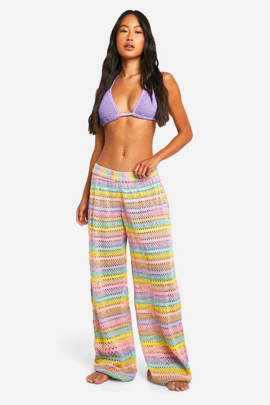 Multi Rainbow Stripe Crochet Beach Pants image number 1