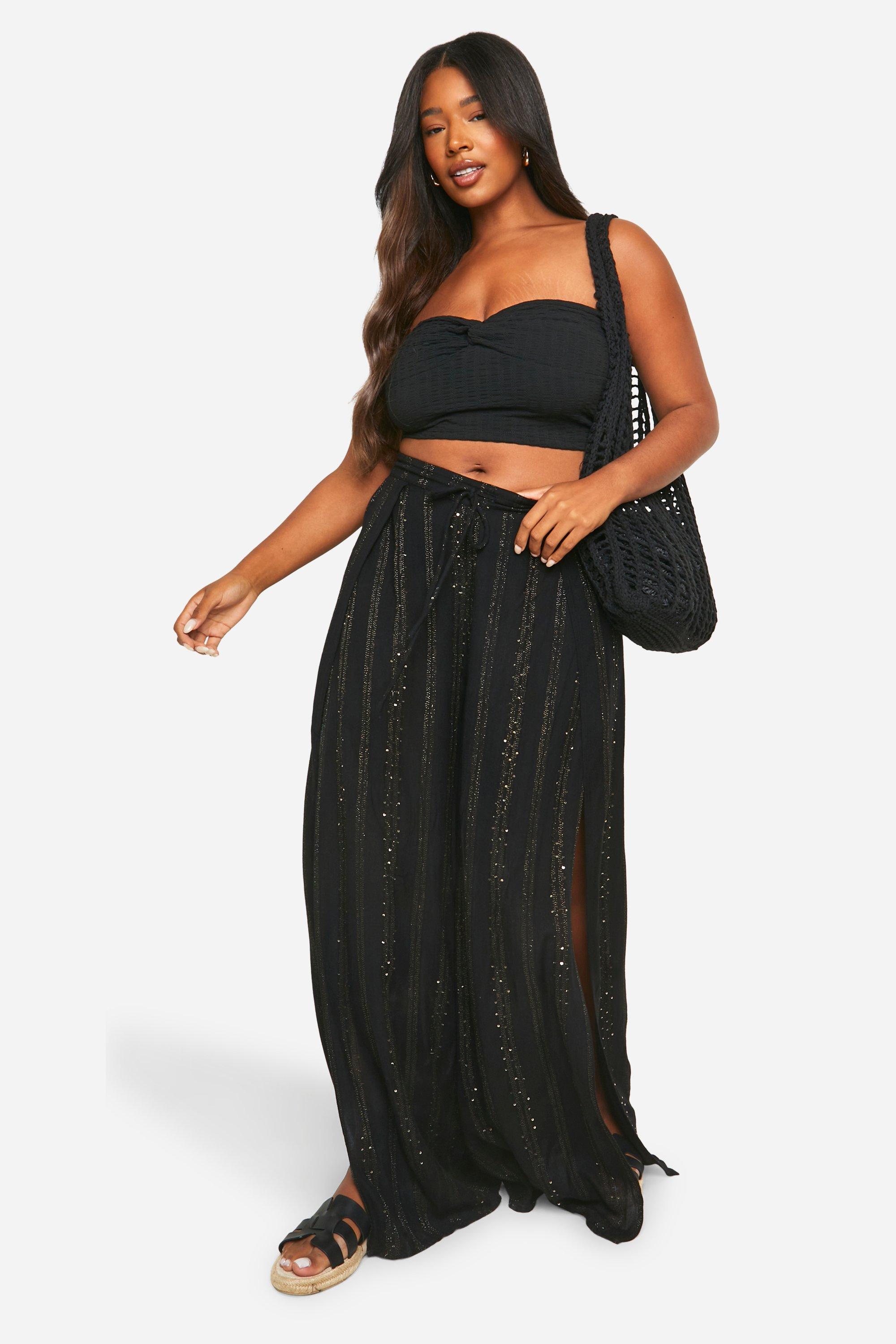 boohoo Plus Sequin Stripe Wide Leg Pants Black Size 24