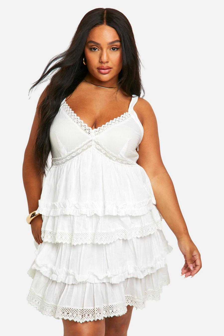 White Plus Crochet Trim Tiered Smock Dress image number 1
