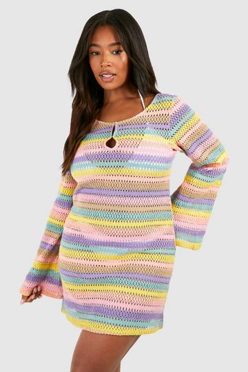 Plus Rainbow Stripe Crochet Beach Dress multi