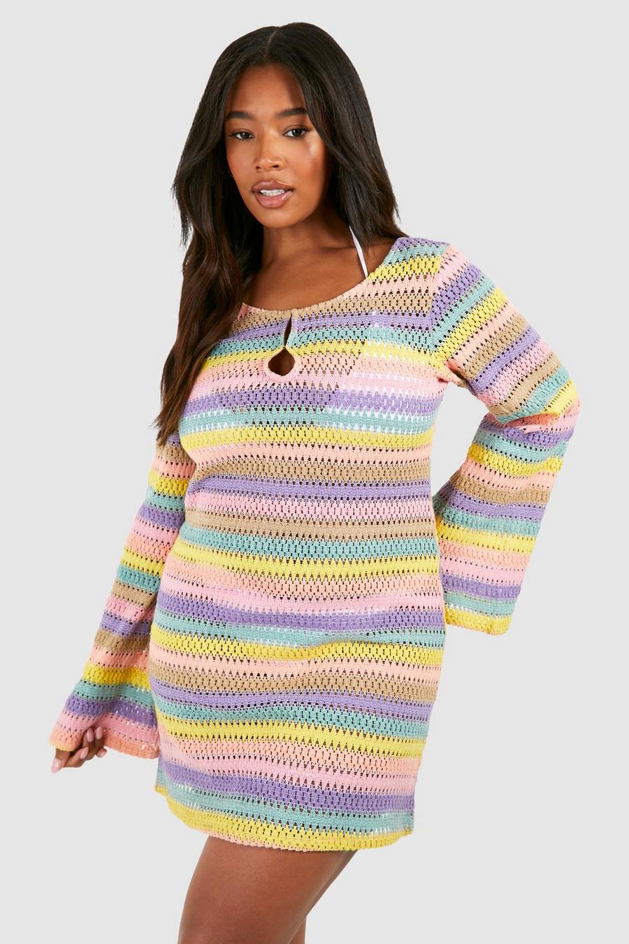 Multi Plus Rainbow Stripe Crochet Beach Dress image number 1