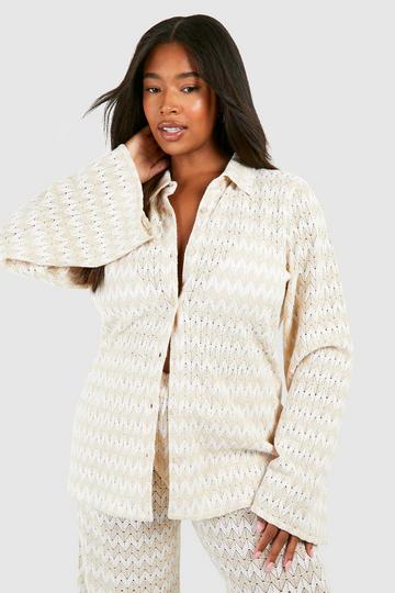 Plus Neutral Stripe Crochet Beach Shirt neutral