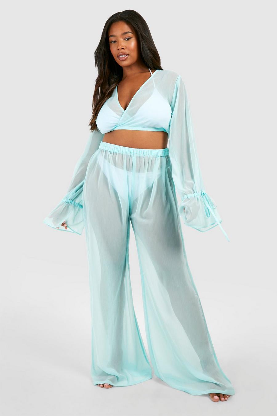 Turquoise Plus Tie Crop Top And Beach Trouser image number 1