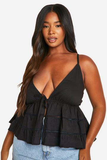 Black Plus Cotton Crochet Trim Strappy Cami