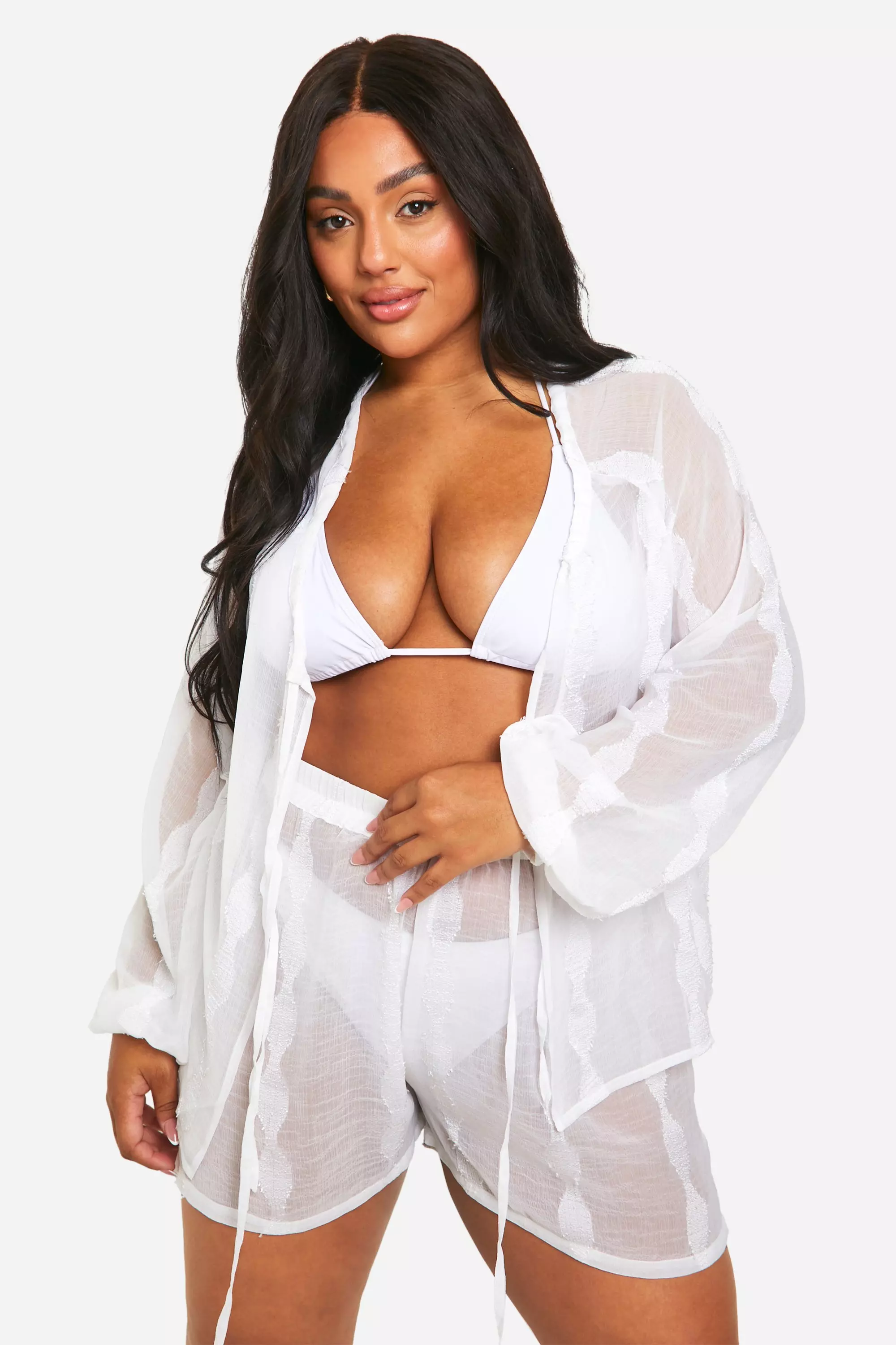 White Plus Stripe Chiffon Beach Short Set  صورة بديلة