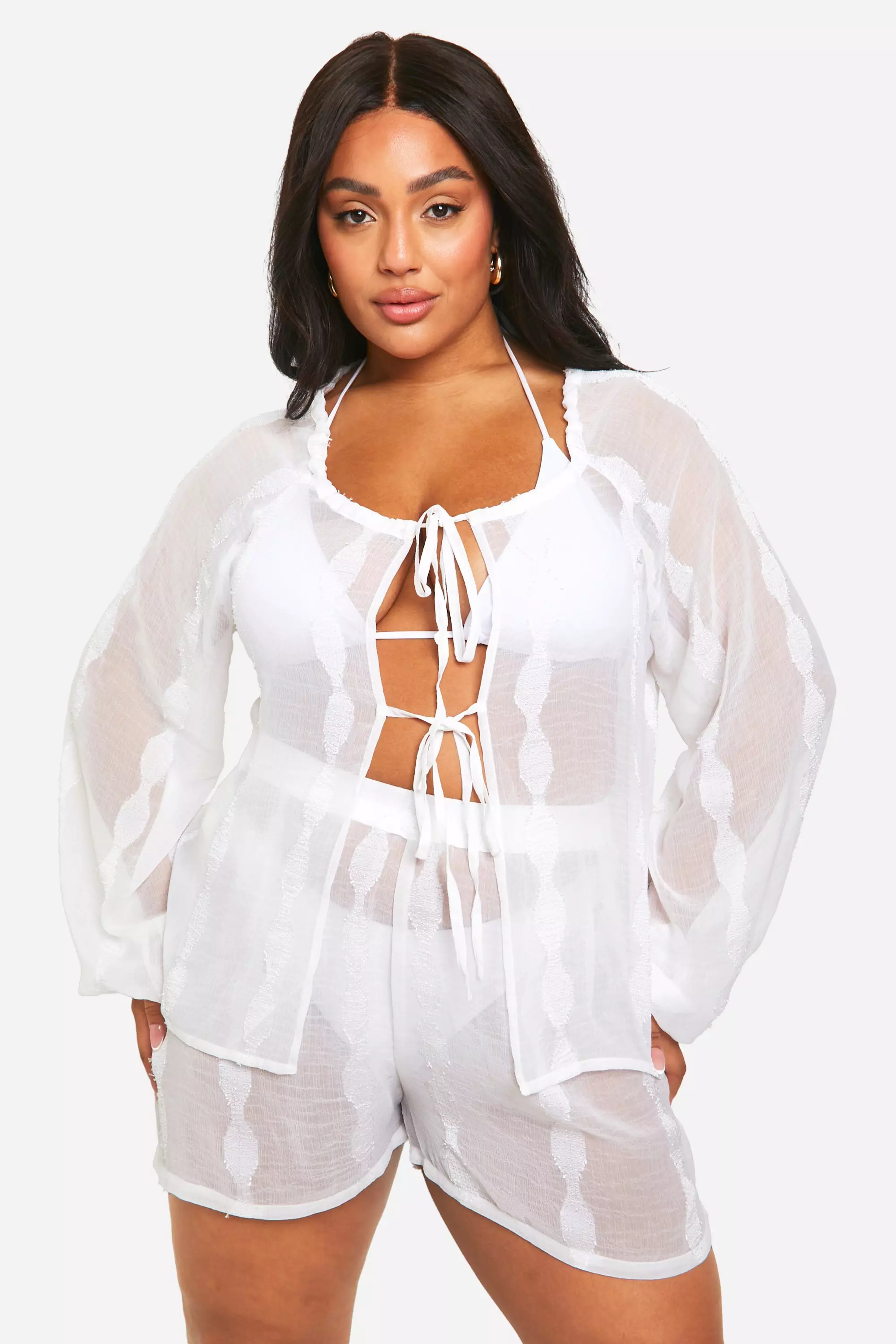 White Plus Stripe Chiffon Beach Short Set  صورة بديلة