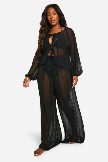 Plus Gestreepte Chiffon Strand Set Met Broek black