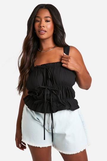 Plus Tie Front Sheered Poplin Top black