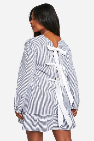 Blue Plus Stripe Bow Back Smock Mini Dress