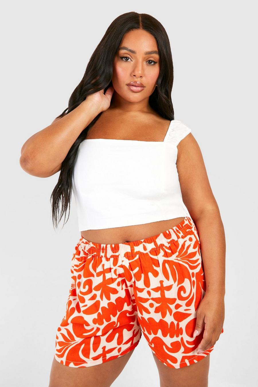 Orange Plus Losse Shorts Met Print