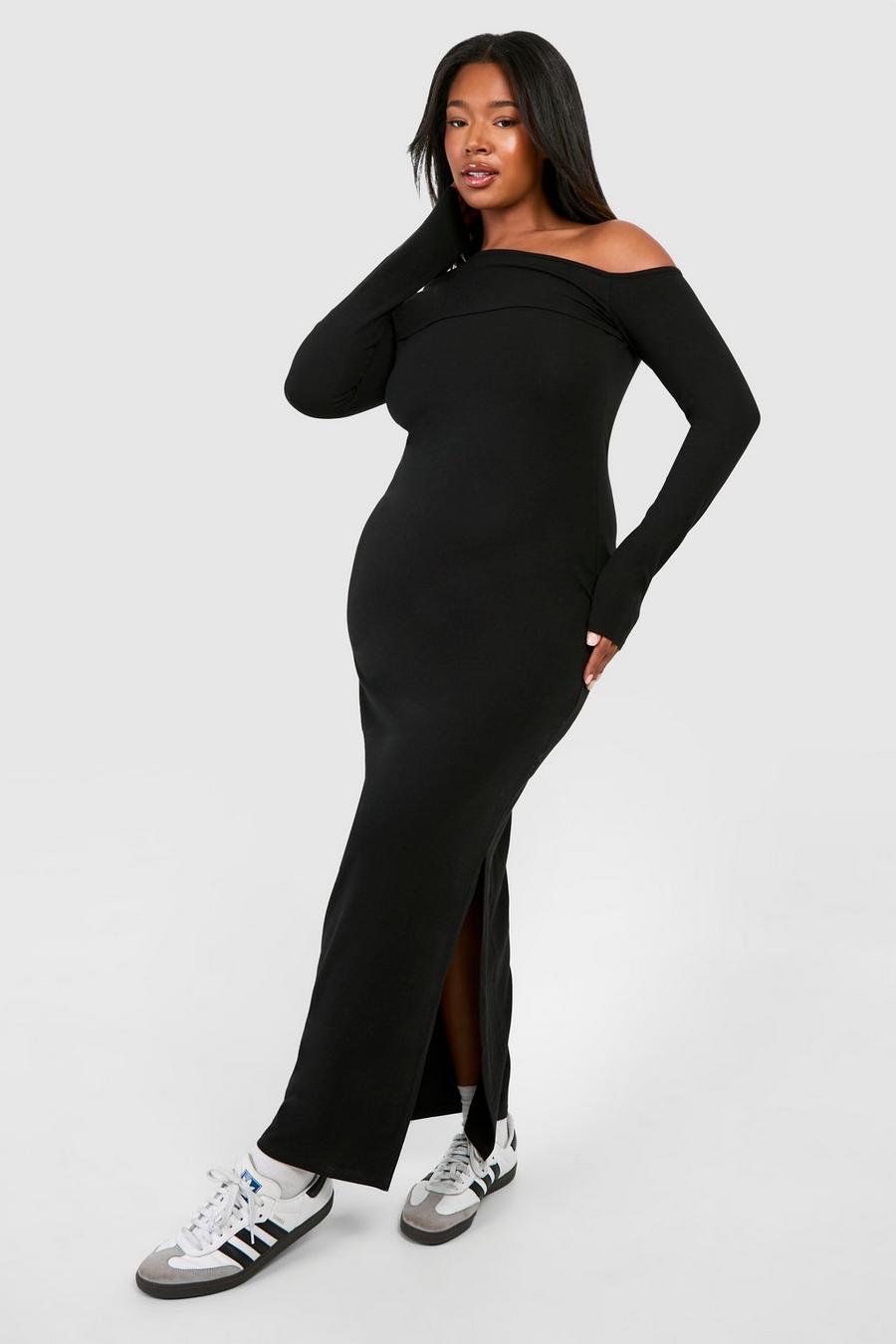 Black Plus Ruched Off The Shoulder Long Sleeve Maxi Dress