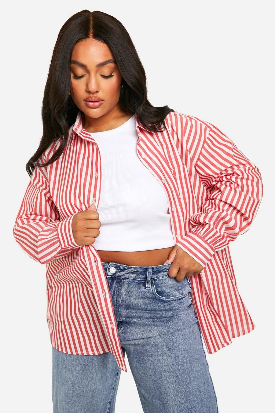Camicia Plus Size oversize a righe con tasche e dettagli, Red