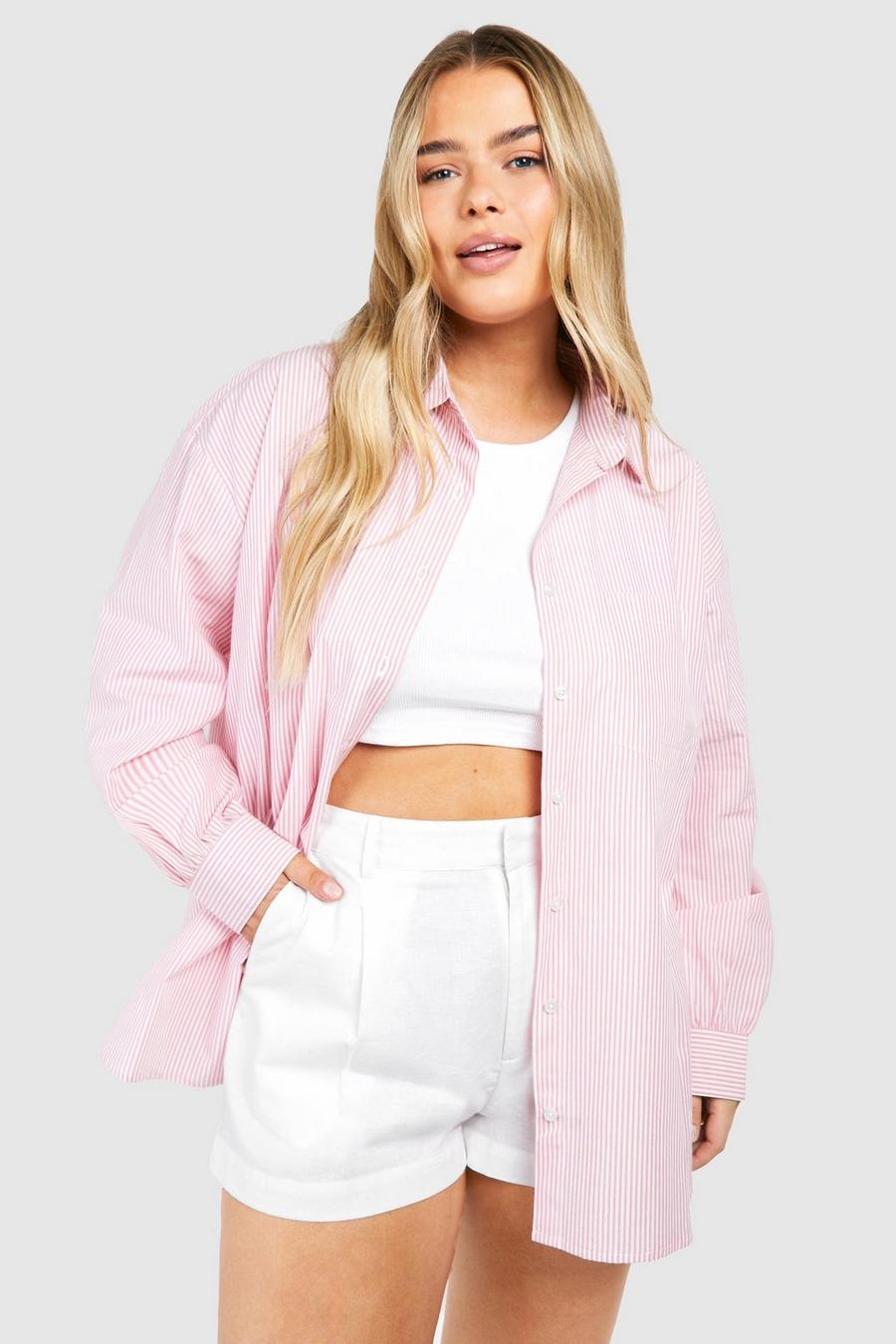 Camicia Plus Size oversize a righe con tasche e dettagli, Pink image number 1