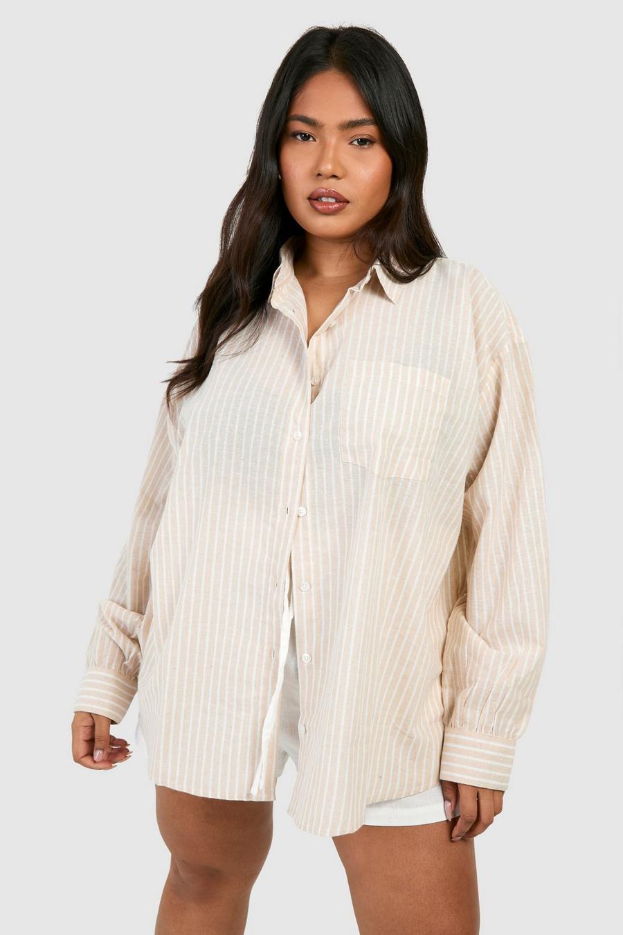 Camicia Plus Size oversize a righe con tasche e dettagli, Stone