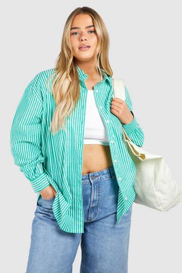 Green Plus Oversized Pocket Detail Striped Shirt