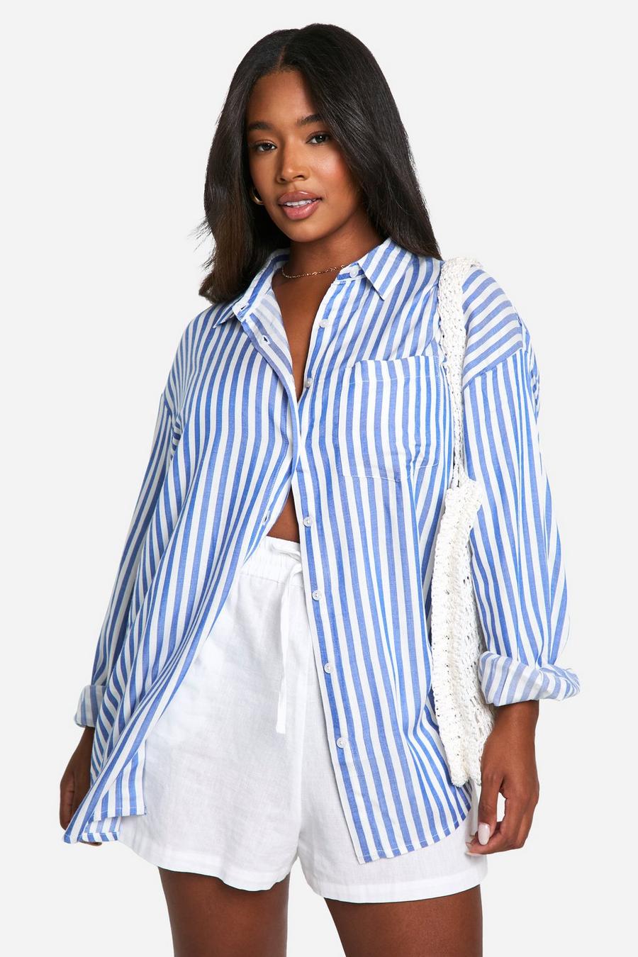 Blue Plus Oversized Pocket Detail Striped Shirt 