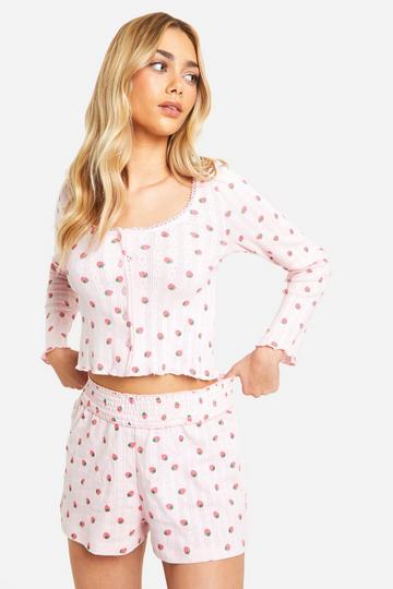 Pink Strawberry Pointelle Button Down Pj Set