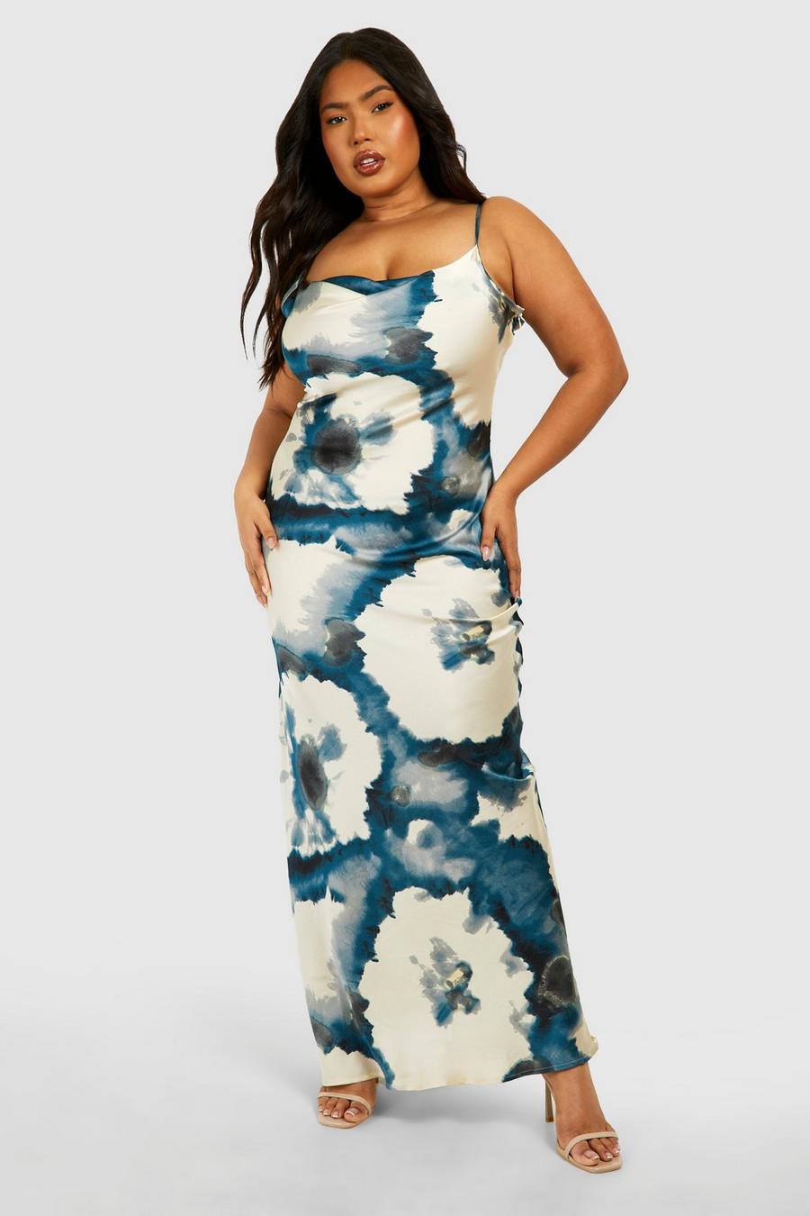 Blue Plus Floral Print Satin Maxi Dress  image number 1
