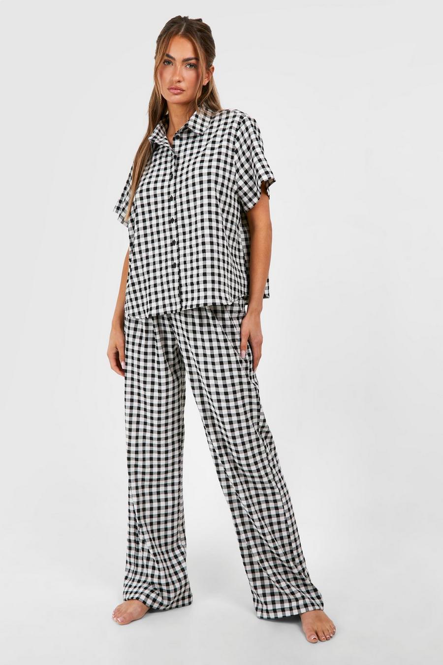 Gingham Pyjama-Set mit Knopfleiste, Black image number 1
