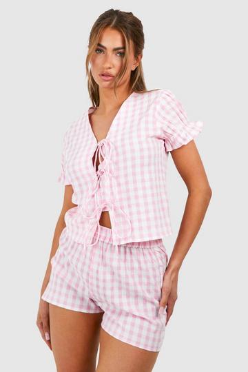 Pink Gingham Tie Front Short Pj Set