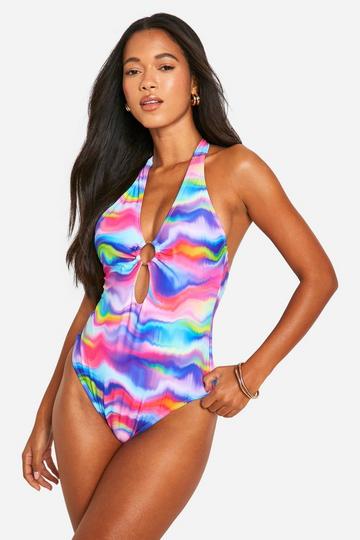Marble O-ring Cut Out Swimsuit illusion blue